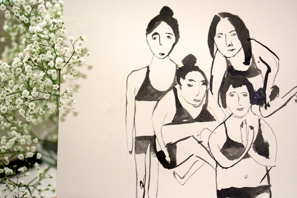 Yoga Girls. Original Ink illustration.