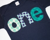 Boys ONE Shirt for First Birthday - 12-18 month long sleeved navy blue tshirt with aqua and white lettering - READY to Ship