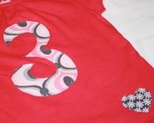 Girls 3rd Birthday Shirt with number 3 in pink and gray with heart - 3T short sleeved T
