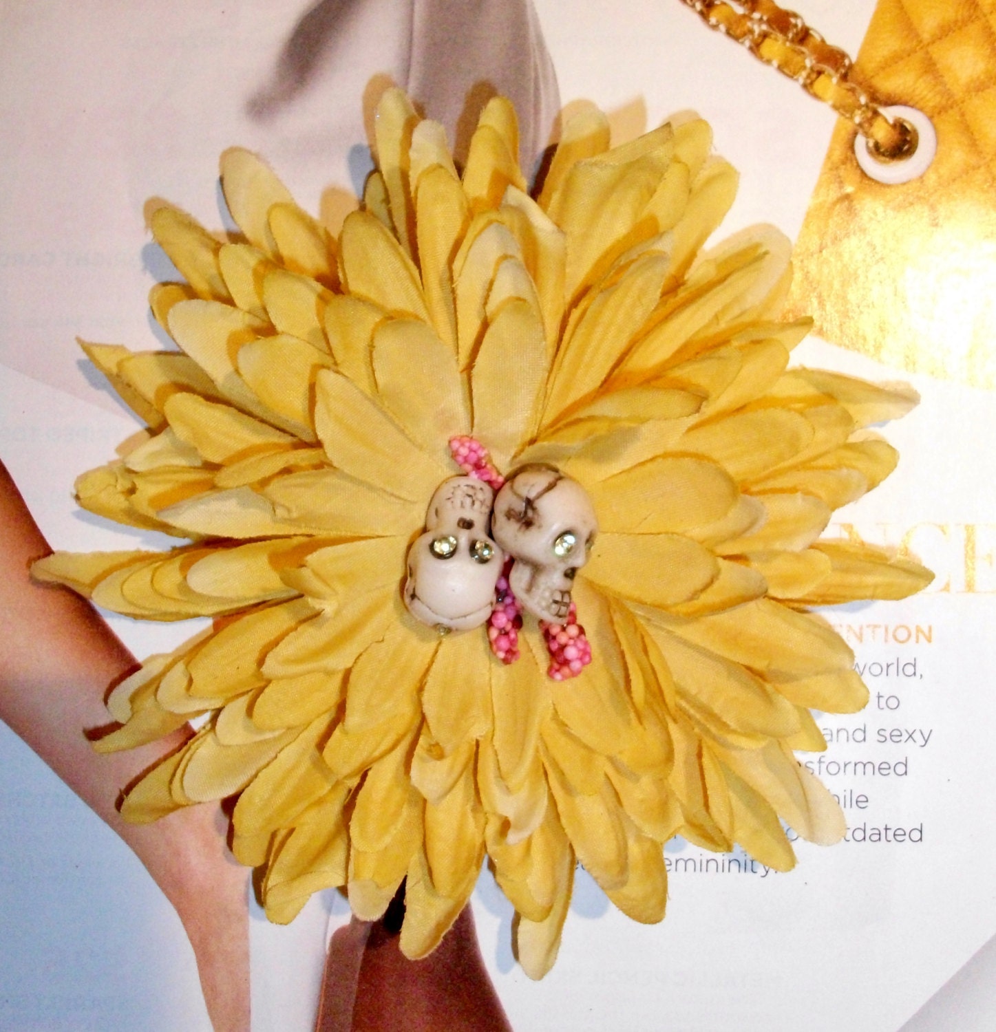 Anne Bonney - Mustard Flower Hair Clip 2 Skulls & Pink Faux Berry Clusters