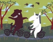 Bear and Horse Riding Bikes Art Painting - Green Folk Animal Art 5x7