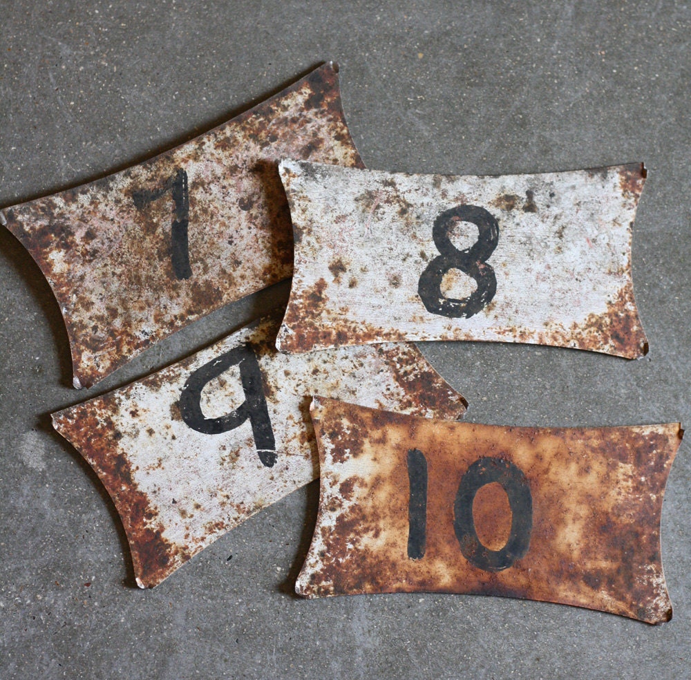 Vintage Number Signs - 7, 8, 9 and 10, salvaged from old file cabinet