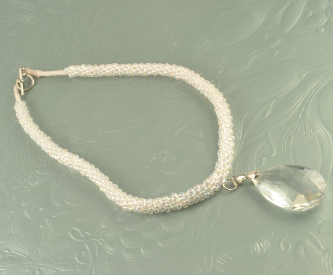 Kumihimo Bead Necklace 38MM Faceted Crystal Chandelier Teardrop