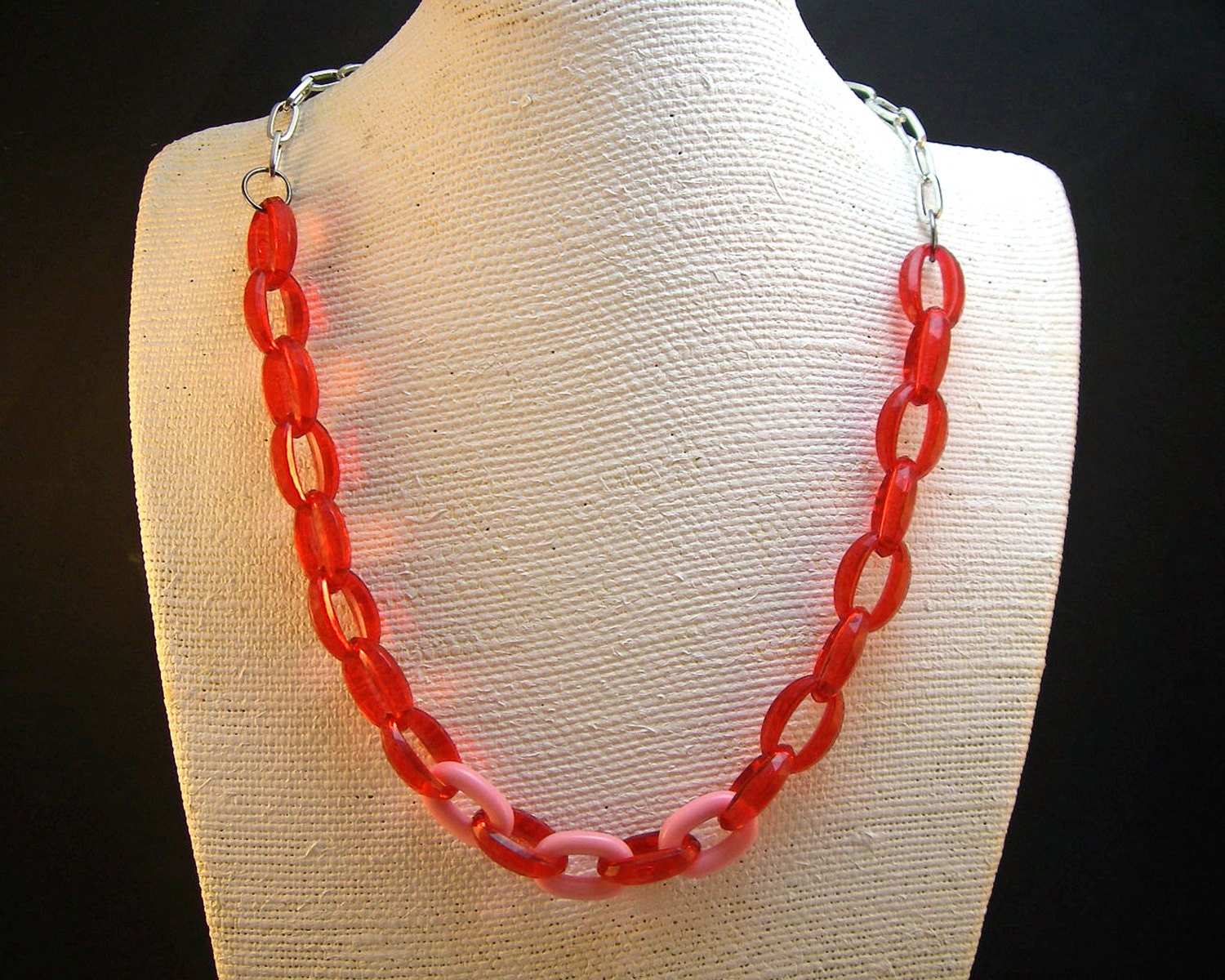 Bold Statement Plastic Chain Necklace in Red and Pink with silver tone chain