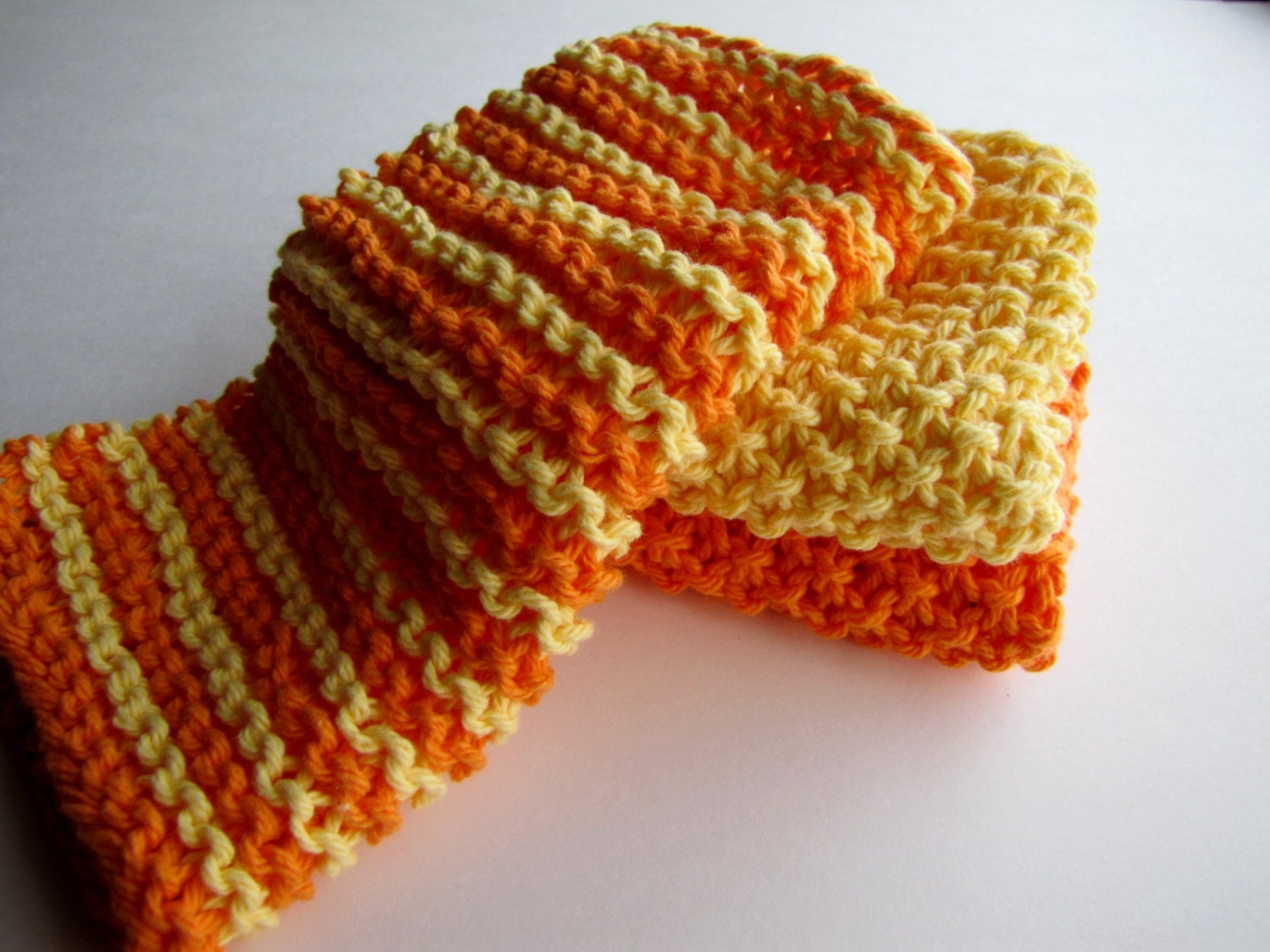 Set of 3 Durable Hand Knit Cotton Dish/Wash Cloths in Fresh Citrus Colors