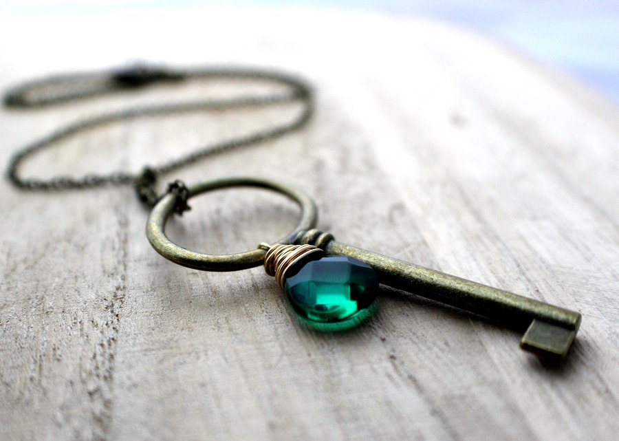 Skeleton Key Necklace, Long Necklace w/ Emerald Green Quartz & Brass Key, Boho Fashion