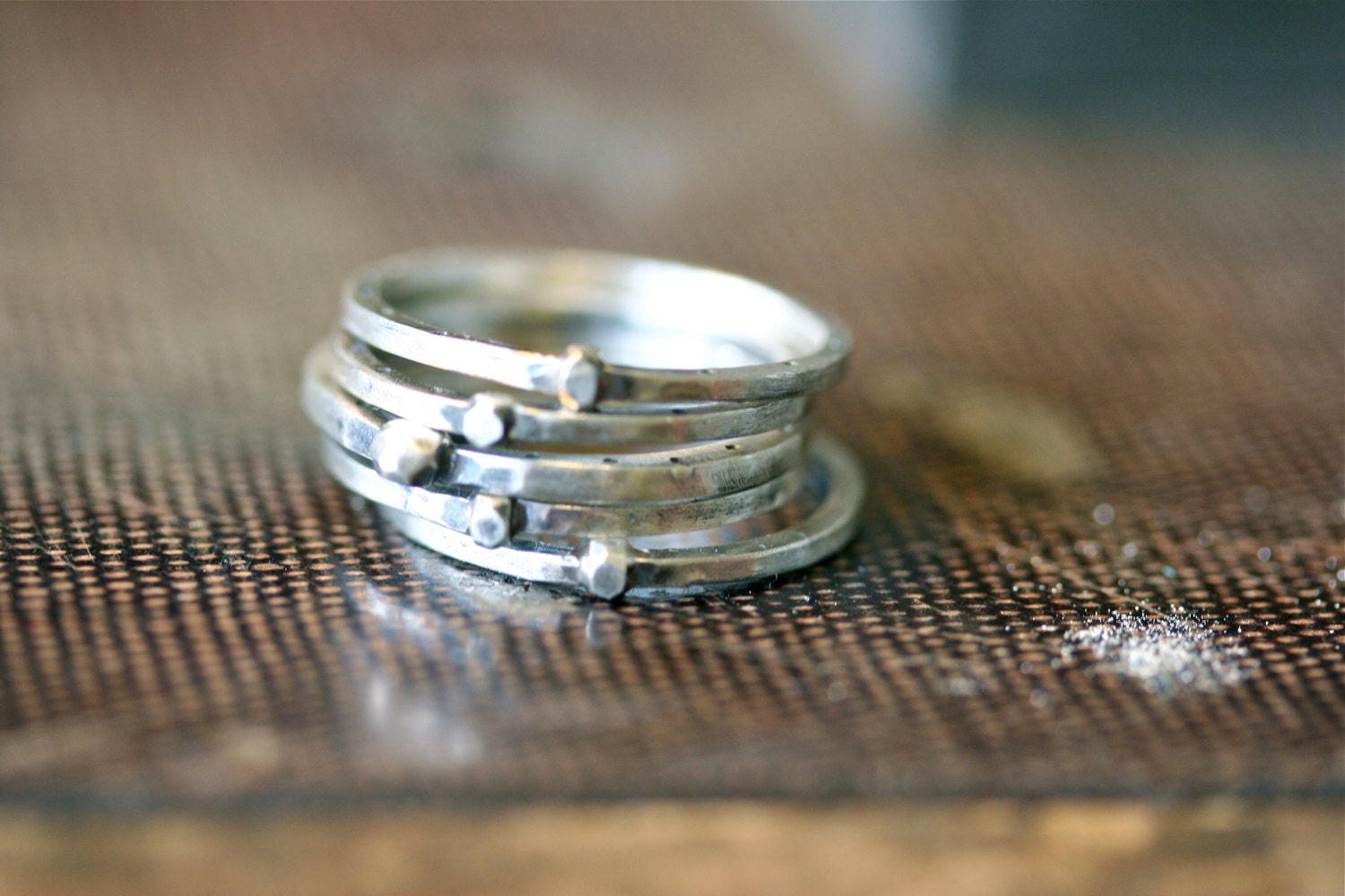 Industrial square sterling silver stacking ring Set of 5