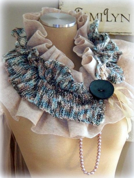 Felt and Yarn Scarflette, CONFETTI, beige, blues, large wood button, deep turquoise, silver threads,shawl,collar