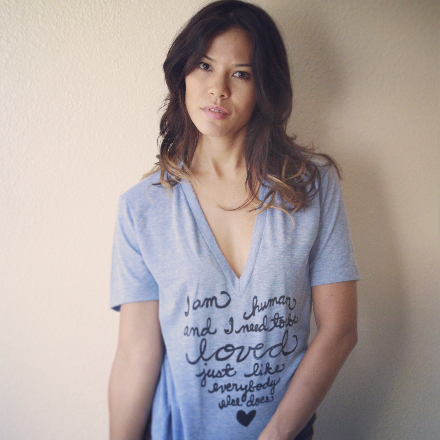 I am human and I need to be loved.... LARGE Unisex Deep V-neck T-shirt American Apparel in Athletic Blue