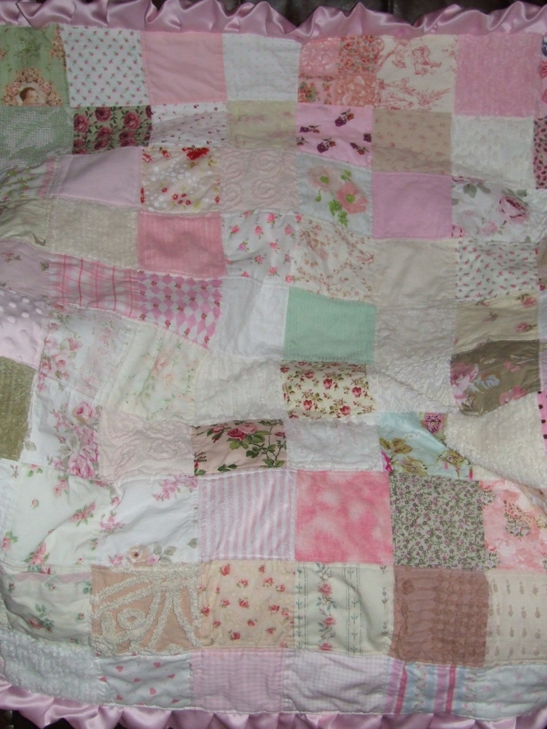 I Will Make U A Personalized Shabby Chic Sampler Rag Quilt  Throw or Crib Bedding 36" x 44"  Satin Ruffle N Minky