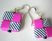 Eco Pink and Black and White Earrings - Made with Reclaimed Security Envelopes