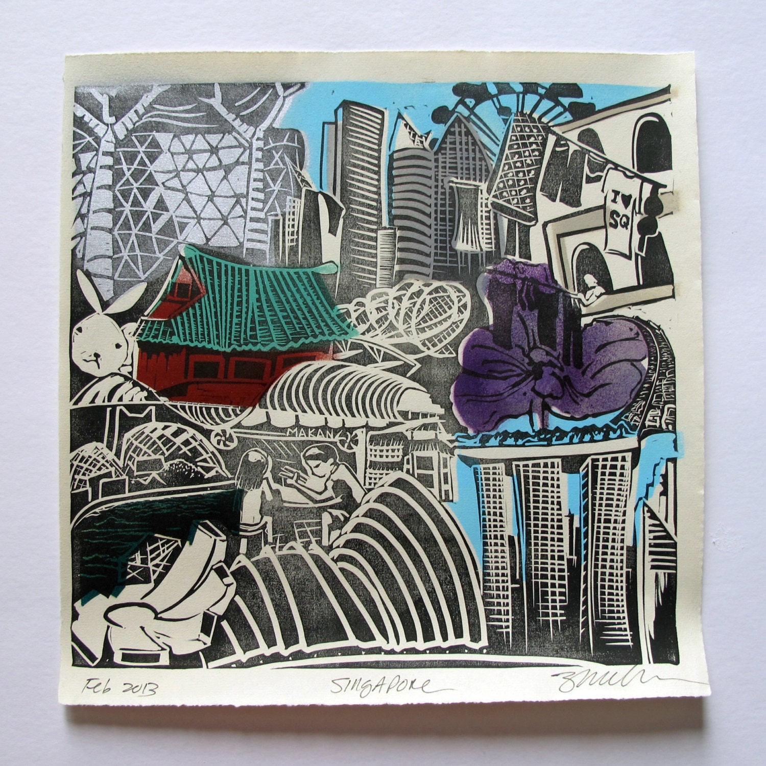 Singapore Urban Cityscape Collage Linocut Block Print - Signed, Limited Edition