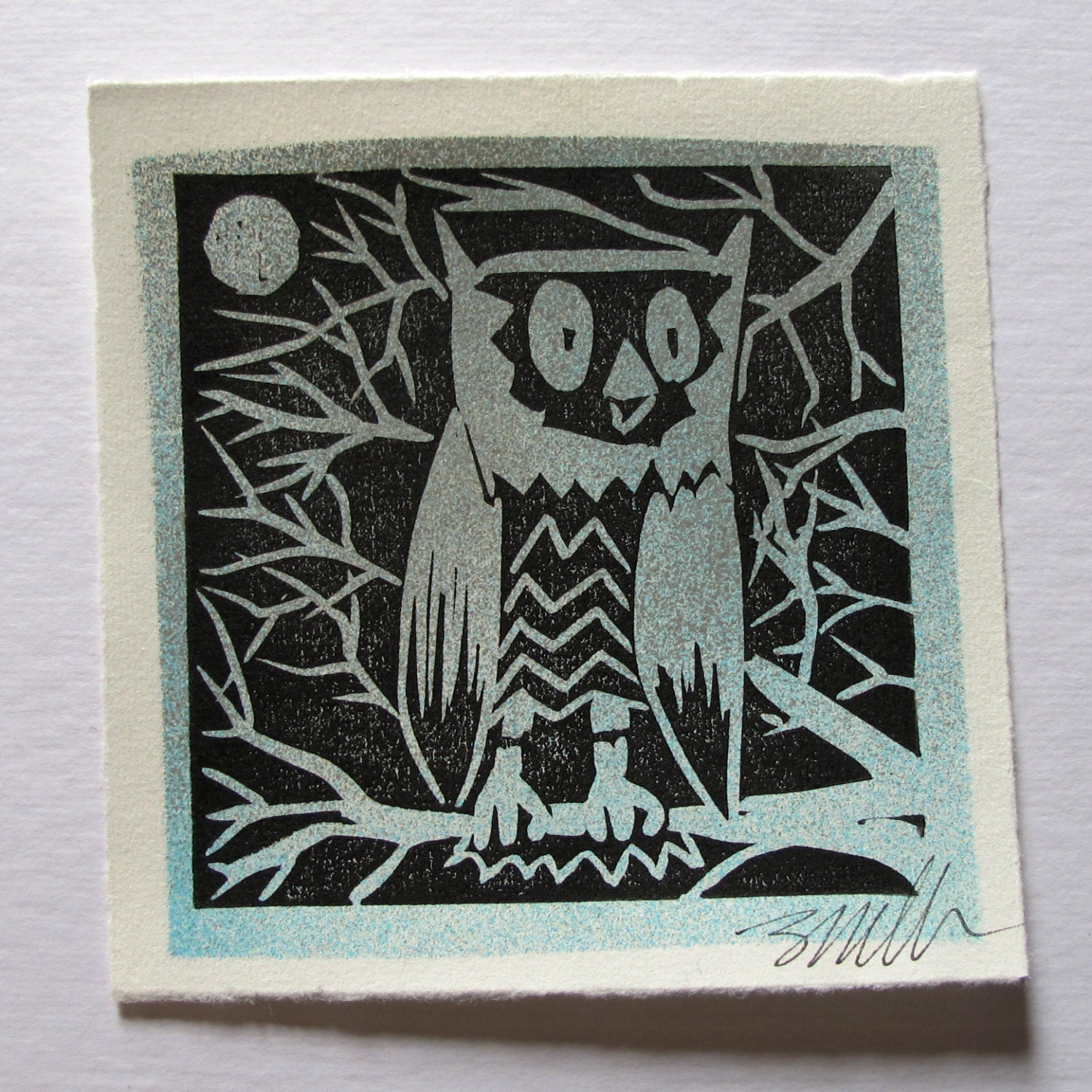 Night Woodland Owl Linocut Block Print - Signed