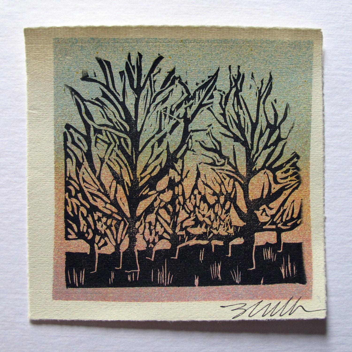 Winter Morning Trees Linocut Block Print - Signed