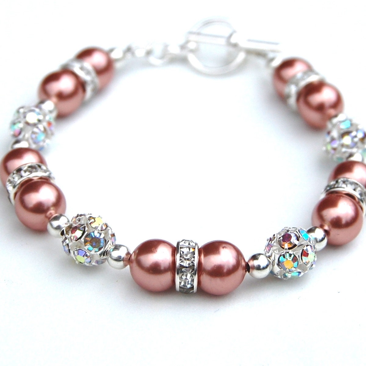 Tea Rose Pearl Bracelet, Rhinestone Jewelry, Bridesmaid Jewelry, Wedding Party