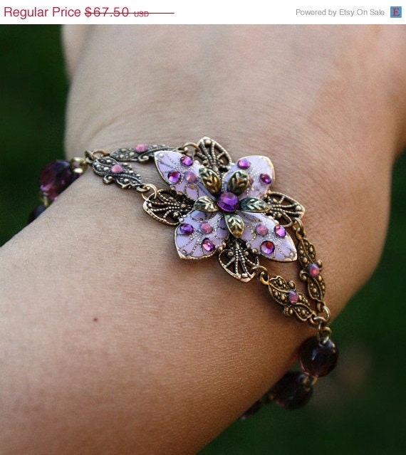 FREE matching earrings bridesmaid set, bracelet, free earrings, flower, purple, amethyst, lavender, crystal, brass, gift