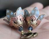 Flower dangle earrings blue romantic brass filigree