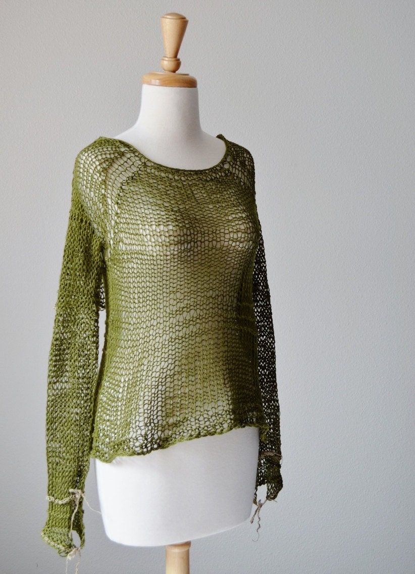 Moss Mesh Sailor Sweater - Women's Summer Sweater in Moss Green Cotton & Natural Linen Trim - Sailor Collar Swimsuit Beach Coverup Mesh