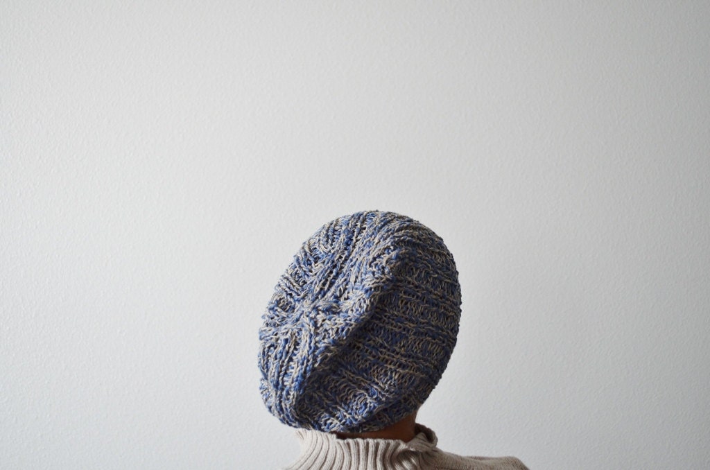 VEGAN - Knit Beanie in Oceanshore Blue & Linen - Cotton Linen Slouchy Summer Beanie / Watchcap - Hand Knit - Father's Day Gift