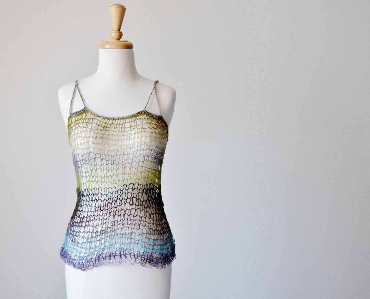 Glacier Bay Loose Knit Tank - Hand Knit Spring Layering Tank Loose Lace Net Mesh Hand Knit Top in Glacial White, Green, Grey