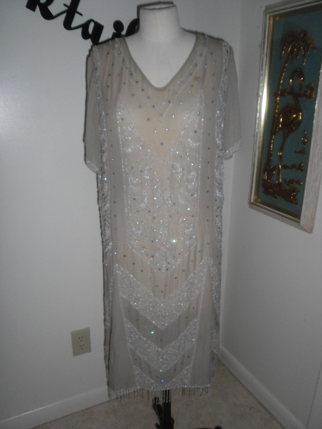 Elaborate Beaded 1920s Vintage Flapper Downtown Abbey Dress Grey Silk Chiffon w Rhinestones & Beads 42 bust FREE U S SHIPPING