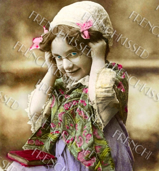 Instant Download Serious STUDENT Victorian child Eyeglasses Book antique French postcard Digital Scan GRADUATION card idea