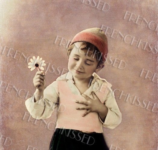 Instant Download Daisy Petal Plucker SHE LOVES ME Altered French postcard Digital Scan