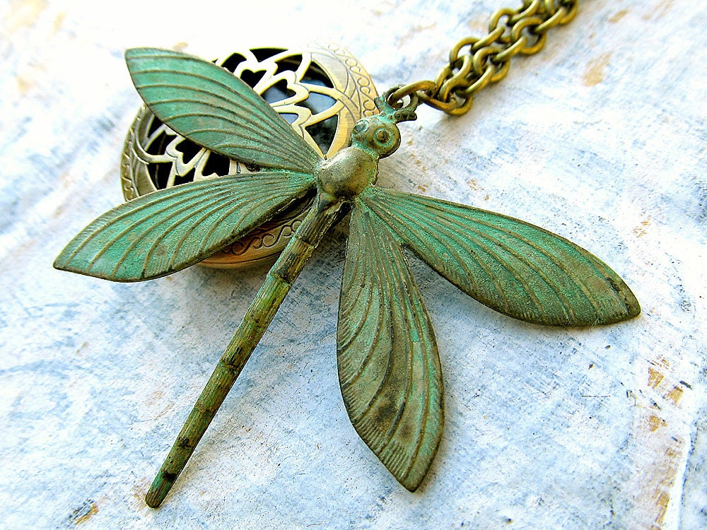Dragonfly necklace patina brass locket long necklace brass bohemian jewelry