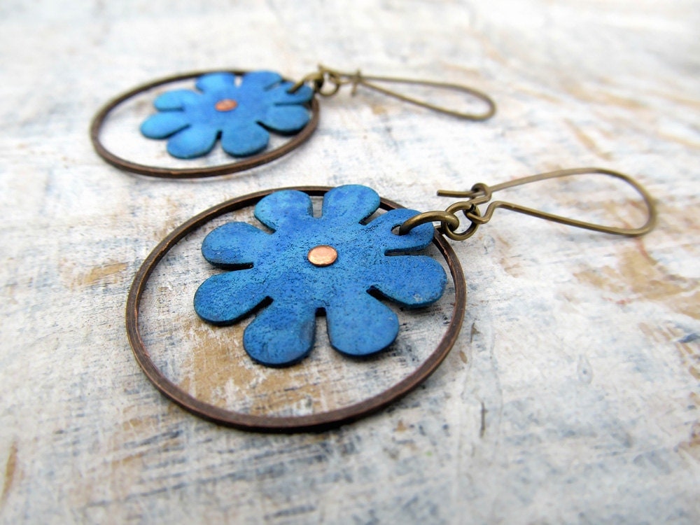 blue Bohemian earrings Flower dangle earrings Summer Boho jewelry fashion