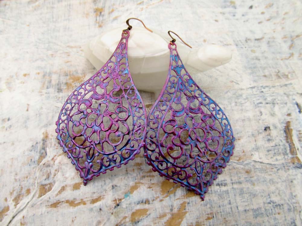 Bohemian earrings Blue purple big filigree Gypsy earrings Boho jewelry