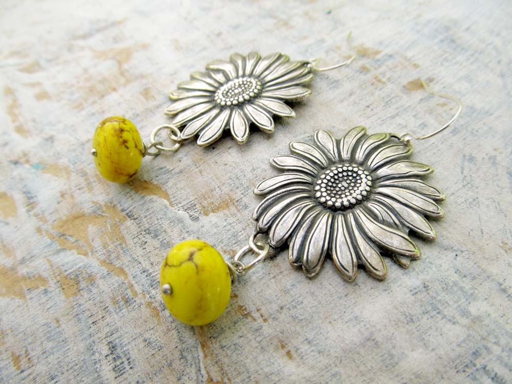 Big flower earrings boho sunflower earrings silver yellow bohemian jewelry summer fashion