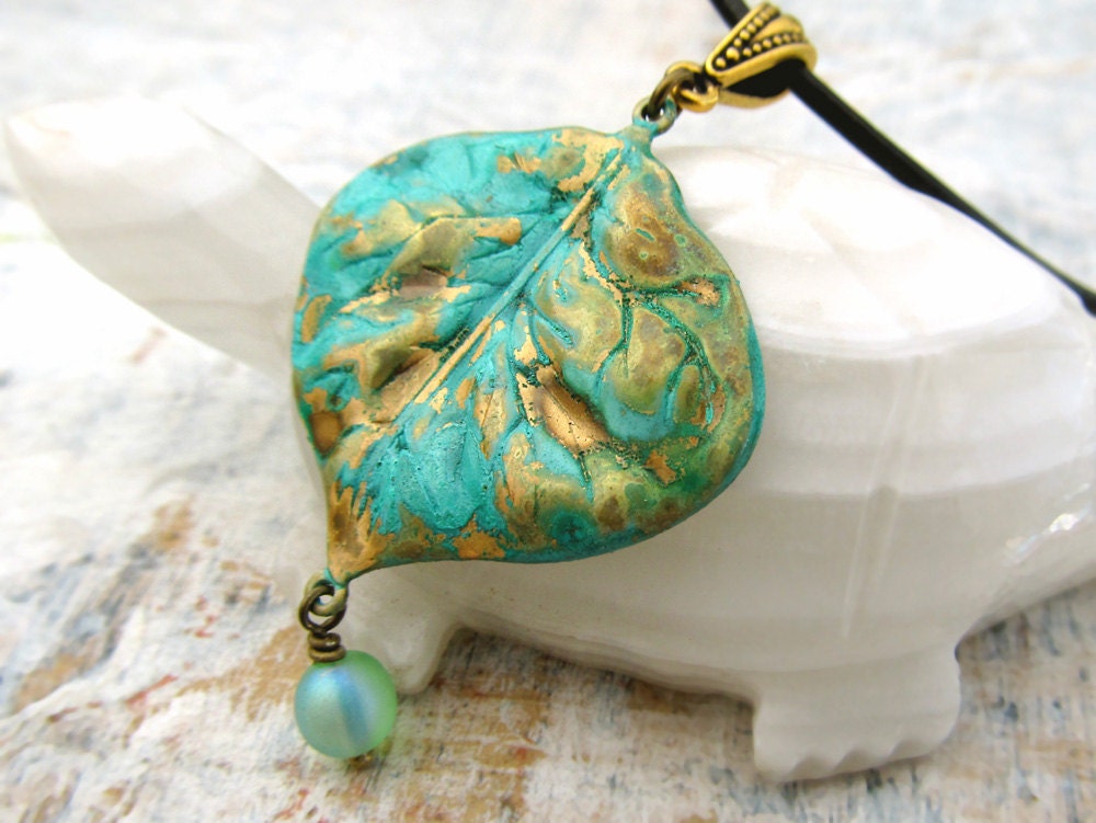green Leaf necklace large pendant leather choker Patina jewelry Summer Fashion