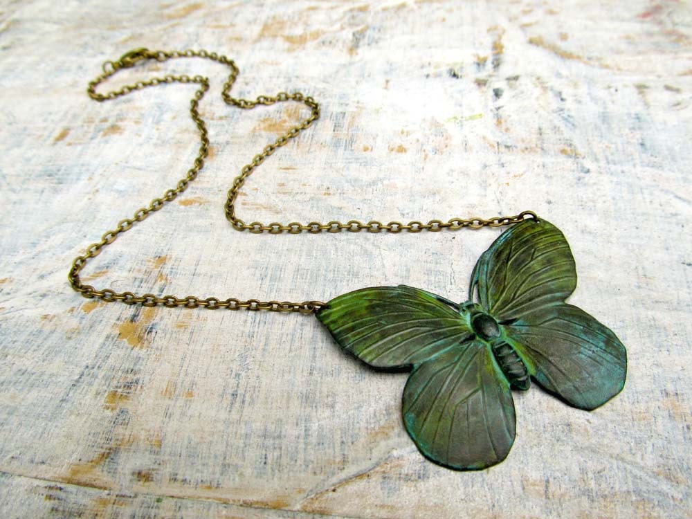 green Butterfly necklace Verdigris Patina Jewelry Nature jewelry