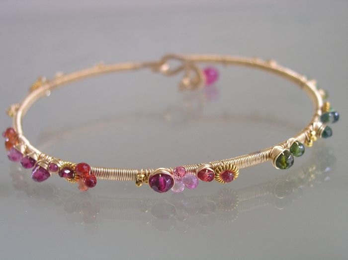 Rainbow on Fire...Sapphires Tourmaline Tsavorite Studded Signature Original Gold Filled Bangle Bracelet