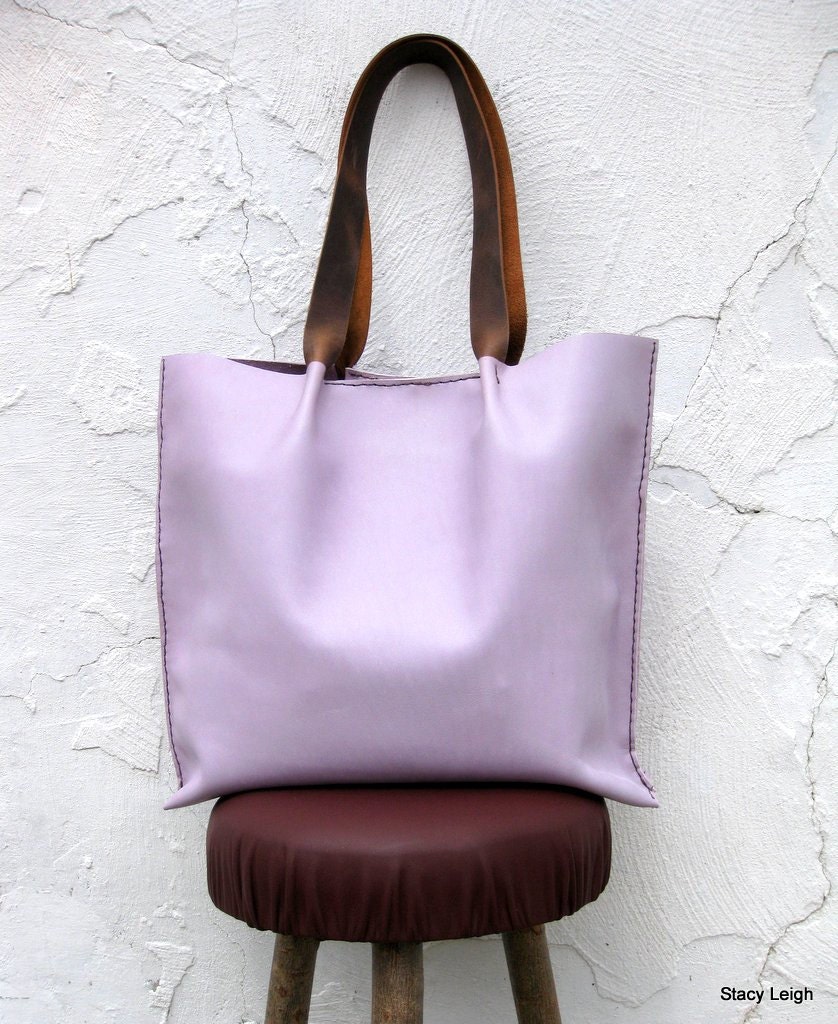 Soft Lavender Leather Market Tote Bag with Mustang Oiled Straps Hand Made by Stacy Leigh Ready to Ship