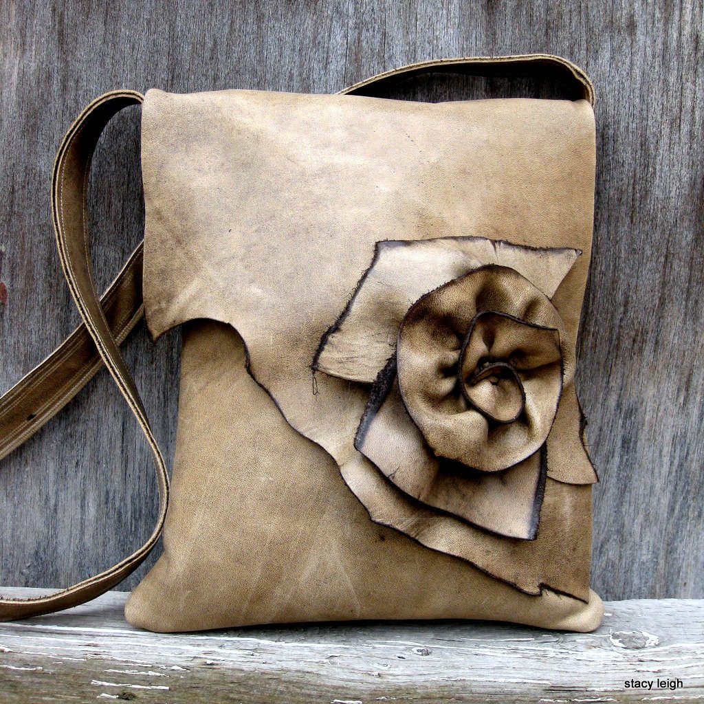 Prairie Messenger Soft Taupe Natural Edge Rose Leather Bag by Stacy Leigh