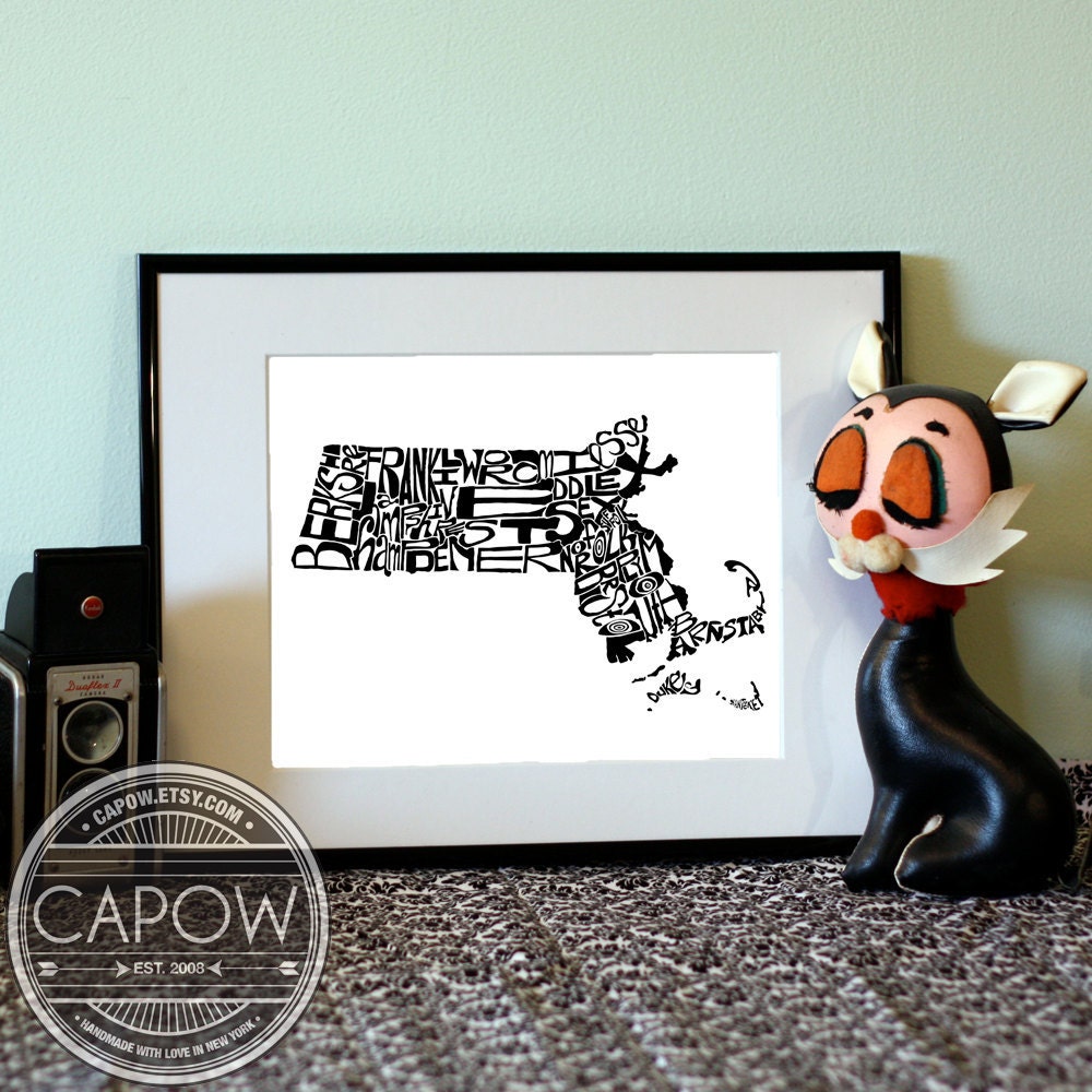 Massachusetts - typography map art print 8x10 - personalized state poster custom wall decor engagement wedding housewarming gift