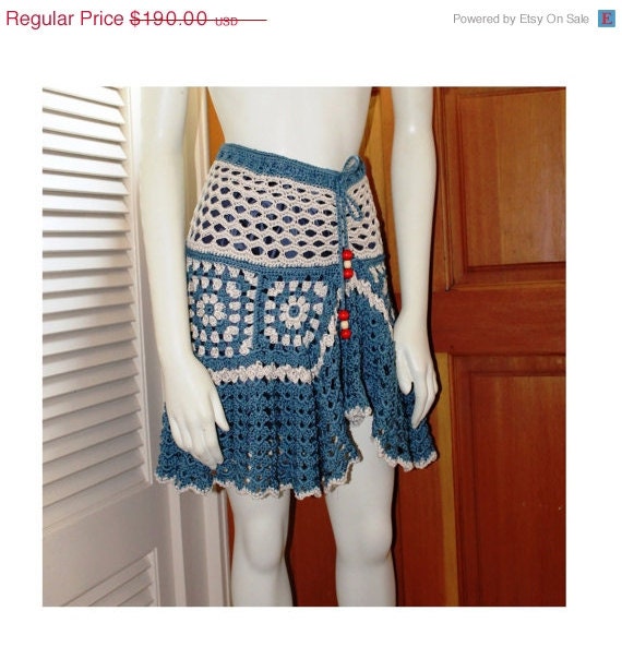 May Sale Woman's Granny Square Ruffled Crochet Lined Mini Skirt Tunic Top or Capelet in Blue & White - Size S  'ANISTON'