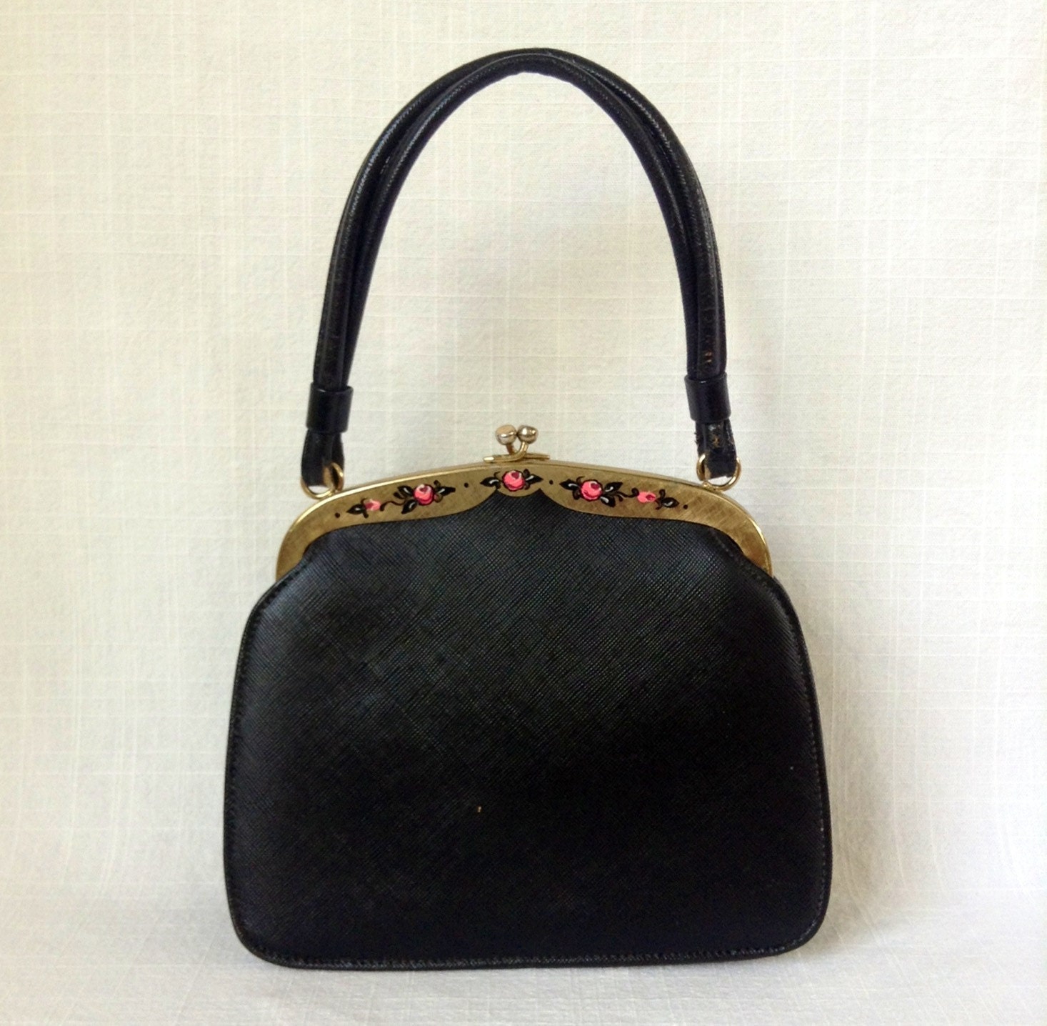 Vintage Black Leather Handbag with Painted Roses