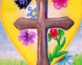 His Love Cross Heart Flowers Original ACEO