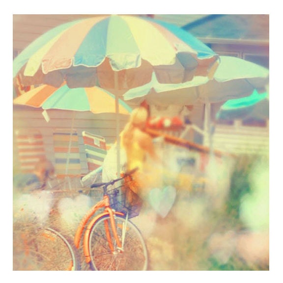 Beach Photograph, Seaside Town, 8x8 Print, Summer Decor, Umbrella, Bicycle, Orange Pastel Color, Cottage Decor, Oceanside, Boardwalk