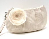 Bridal Bridesmaid Clutch Purse Pleated Wristlet - Herringbone in Ivory Cream