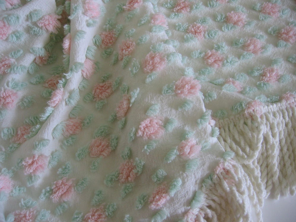 Pillow cut pink rosebud /   Vintage Chenille Bedspread Fabric ,  chenille fabric Sweet shabby cottage 24 x 24