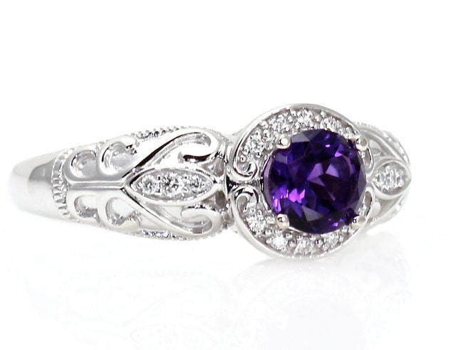 14K Vintage Amethyst Engagement Ring Diamond Halo Art Nouveau Amethyst Ring Custom Bridal Jewelry February Birthstone