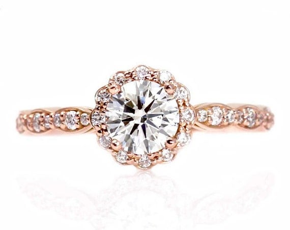 14K Rose Gold Moissanite Engagement Ring Diamond Halo 18K Platinum Palladium Bridal Jewelry