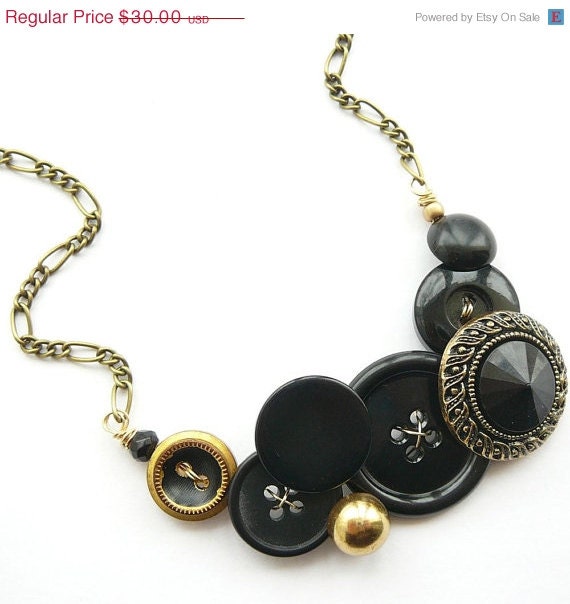 ON SALE Black Vintage Button Bib Necklace with Antique Gold Brass