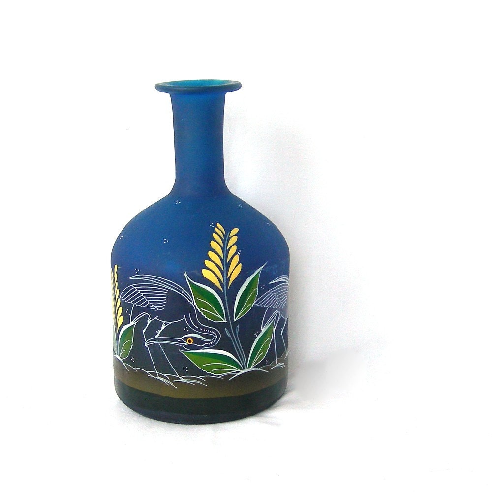 Mexican Art Bottle Vase Dark Blue Crane-like Birds and Flowers Vintage Home Decor Mexico Collectible Exotic