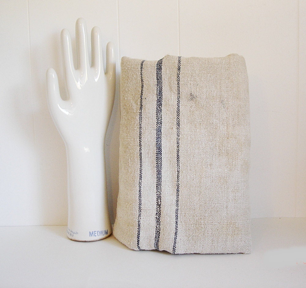 Large Vintage French Grain Sack with Blue Stripe