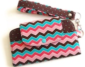 Fabric Cell Phone Wallet with Wristlet Strap, Zippered Pocket and Vinyl ID Window, Errand Runner - Teal Pink Brown Chevron, Polka Dots