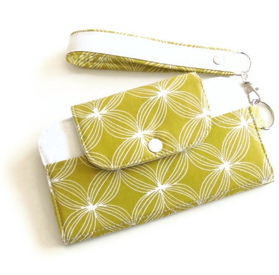 Fabric Cell Phone Wallet with Wristlet Strap, Zippered Pocket and Vinyl ID Window, Errand Runner - Lime Green and White Star Pods